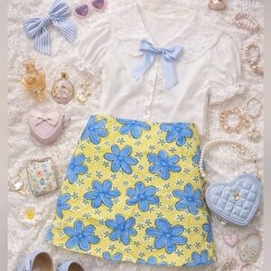 1980s Vintage Blue & Yellow Flower Skirt